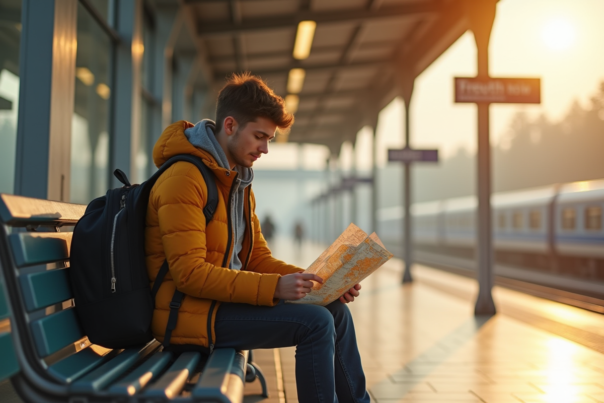Jeune voyageur seul sur un banc en gare ensoleillee