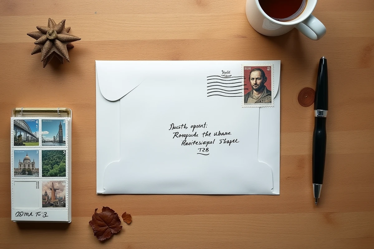 Vue de dessus d'un bureau en bois avec une enveloppe timbrée correctement, un carnet de timbres et un stylo