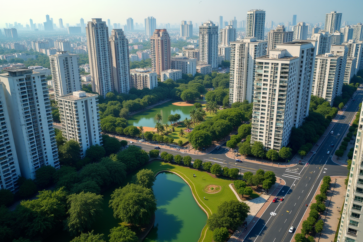 Vue aérienne d une ville moderne avec bâtiments et parcs
