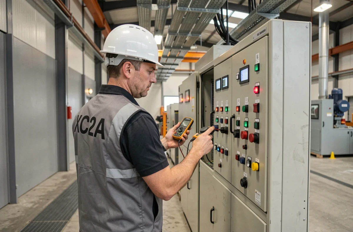 Électricien de XC2A contrôlant un panneau de commande industriel avec un multimètre numérique